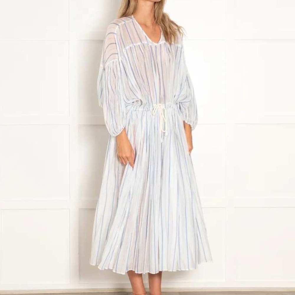 Love Binetti White Blue Monaco Striped Maxi Dress Sheer Beach Coastal Size Small